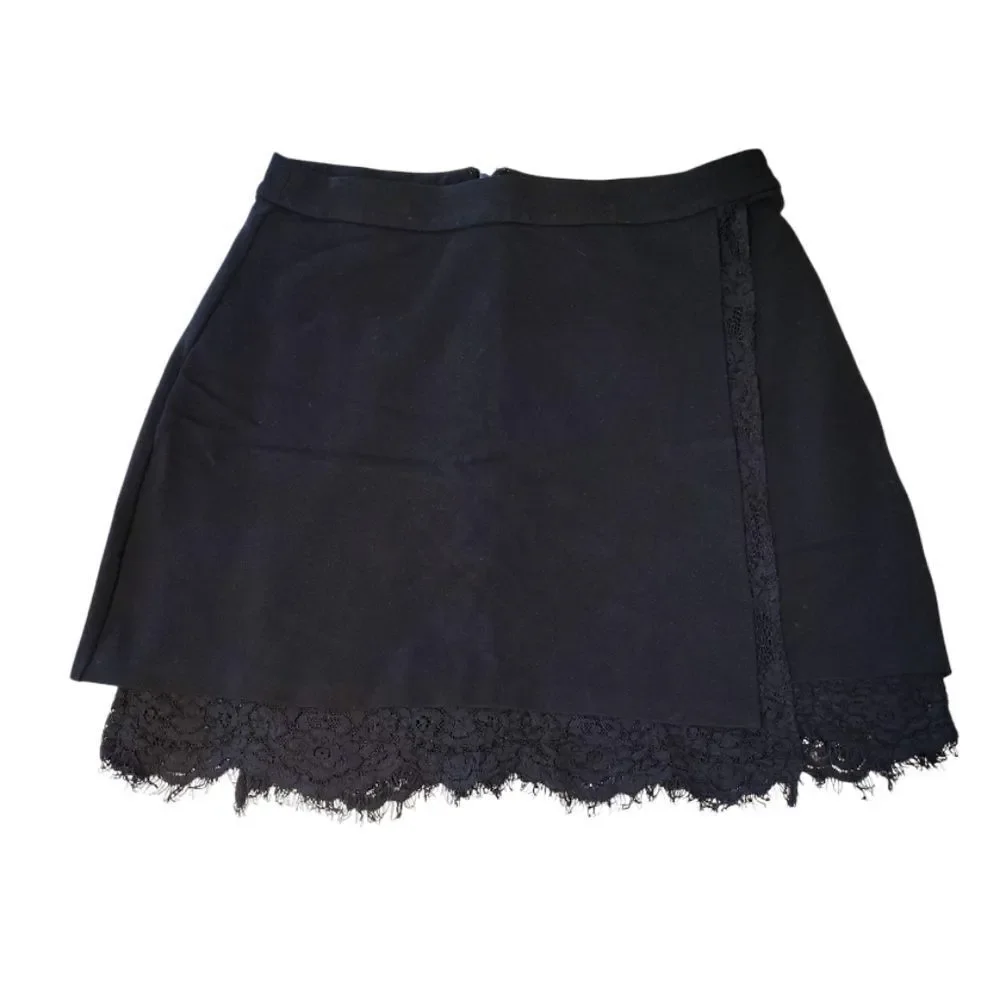 French Connection Y2K Black Floral Lace Trim Stretch Mini Skirt Size 12‎